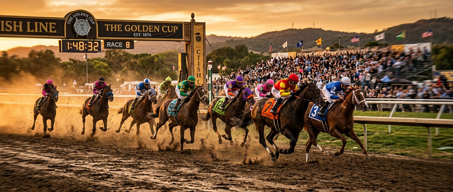 Horses racing toward finish line